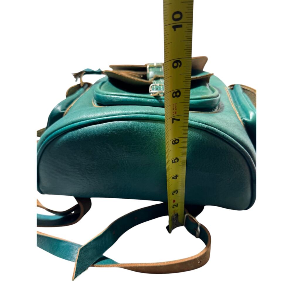 Vintage Backpack Bag Womens Teal Green Leather Rucksack Drawstring Buckle Pocket - Picture 16 of 16